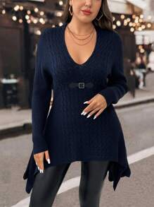 SHEIN LUNE Plus Size Women V-Neck Long Sleeve Casual Asymmetric Hem Sweater Knit Pullover Fall Winter - Navy Blue - View 6