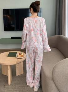DAZY Pyjamaset met bloemenprint, ruches, strik aan de voorkant en strik aan de mouwen
