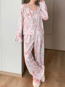 DAZY Pyjamaset met bloemenprint, ruches, strik aan de voorkant en strik aan de mouwen