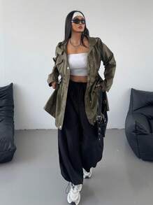 Flirla Plus Size Solid Color Zipper Front Drawstring Waist Pouch Hooded Jacket