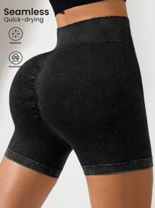 Easithlete Pantalones cortos deportivos casuales de unicolor sin costuras de cintura alta para mujeres - Gris Oscuro - Ver 1