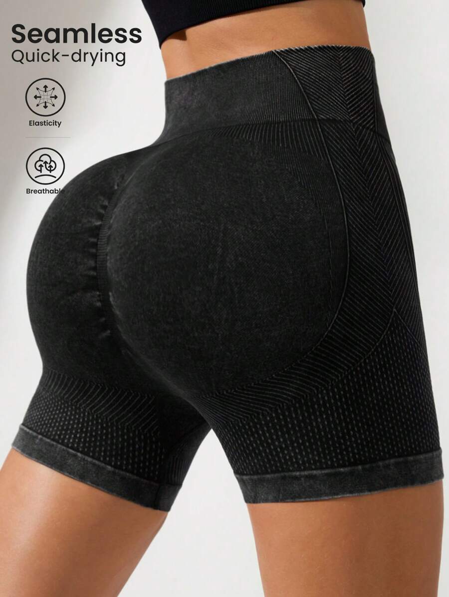 Easithlete Pantalones cortos deportivos casuales de unicolor sin costuras de cintura alta para mujeres - Gris Oscuro - Ver 1