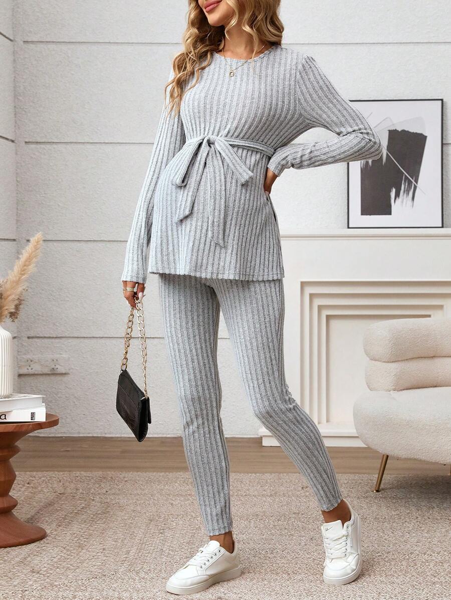 SHEIN Bộ đồ bà bầu dài tay dệt kim gân màu trơn cho nữ, bộ đồ dệt kim gân - Màu Xám nhạt - Xem 1