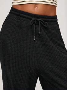 SHEIN BASICS Casual Solid Color Knitted Straight Leg Pants For Women - Black - View 4