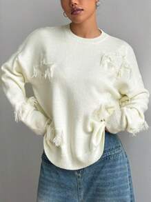 SHEIN Unity 女士时尚星形图案圆领落肩长袖休闲毛衣，秋冬针织套头衫 - 白色 - 查看 5