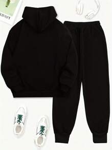 INAWLY Women 2pcs Set Leopard Print Letter Graphic Drawstring Hoodie Sweatshirt & Sweatpants, Casual Outfit For Autumn