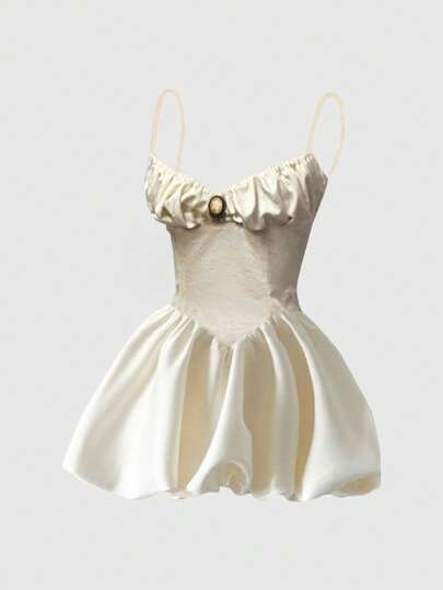 Kawaii Vintage Victorian Style Solid Color Women's Cami Dress With Chest Ruched, For School, New Year