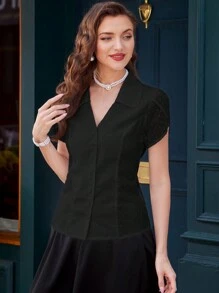 Vintamour Vintage Elegant Women's Fitted Cutout Collar Black Blouse,Summer Tea Party Teacher Tops Old Money Aesthetic Business Casual Hollowed Blouse - Black - View 4
