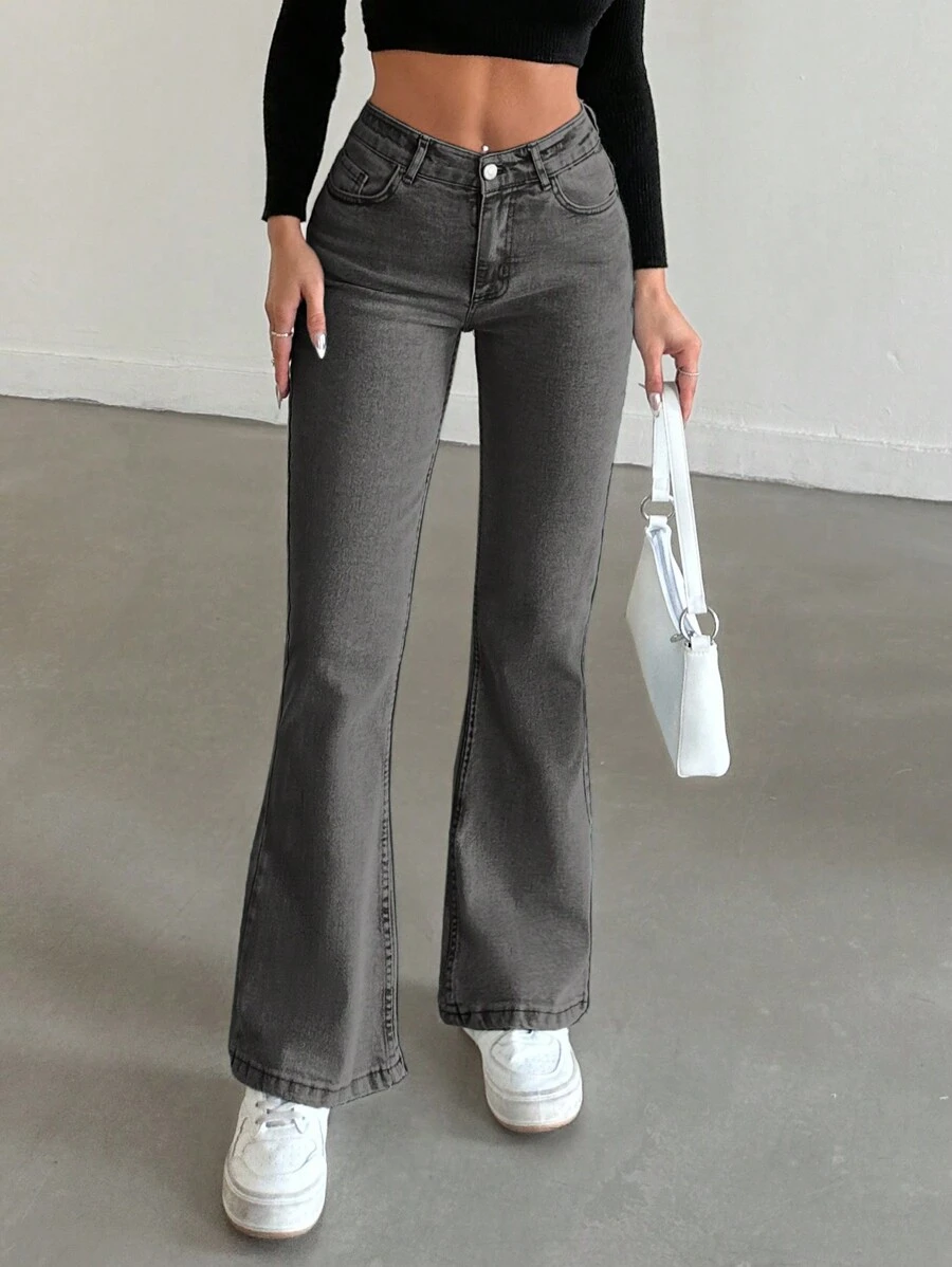 SHEIN PETITE Casual Distressed Slim Fit Flare Leg Jeans - Grey - View 1