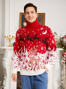 SHEIN Suéter navideño rojo de manga larga con estilo shetland para hombre, moda navideña, otoño/invierno. Conjuntos a juego en familia mamá e hija (las 4 piezas se venden por separado) - Rojo - Ver 5