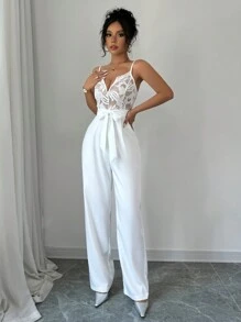 Chiquease Bộ đồ liền thân ren vá lưng cao cổ chữ V gợi cảm thanh lịch dành cho nữ, thích hợp mặc dự tiệc, hẹn hò ban đêm và mặc hàng ngày, mùa thu/đông - trắng - Xem 6