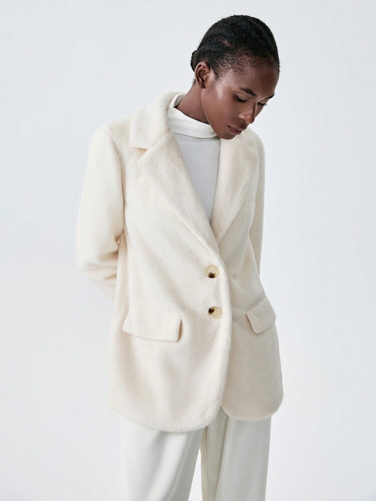 SHEIN Unity Solid Color Button Front Long Sleeve Jacket, Elegant Winter Coat Fall Cloth For Women - Apricot - View 6