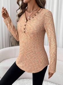 EMERY ROSE 1 Stück Damen Batik-Knopf-Design V-Ausschnitt Langarm Lässig T-Shirt