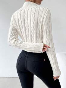 SHEIN Unity Suéter de punto de manga larga con cuello alto, ajustado, con bordado de letras para mujer, para otoño/invierno - Beis - Ver 2