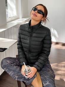 SHEIN EZwear Lightweight Stand Collar Slant Pocket Down& Feathers Coat For Women, Winter Clothes