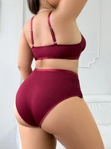 2pcs Plus Size Lace Sexy Bra And Panty Lingerie Set , Elegant Series - Burgundy - View 2