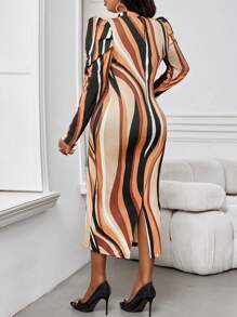 SHEIN Lady 秋冬季优雅彩色针织立领直筒羊腿袖中长袖大码连衣裙 - 彩色 - 查看 2