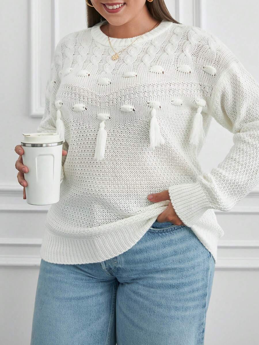 RueChic Plus Cable Knit Tassel Crochet Detail Regular Fit Sweater - Black and White - View 1