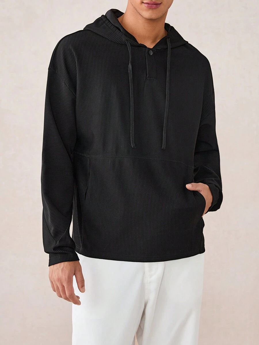 Manfinity VCAY Men's Loose Knitted Drop Shoulder Casual Hoodie, Suitable For Autumn & Winter , Black - Black - View 1