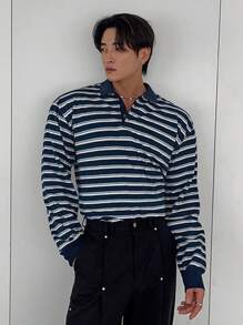 DAZY Men's Casual Striped Polo Shirt, Autumn - Blue and White - View 3