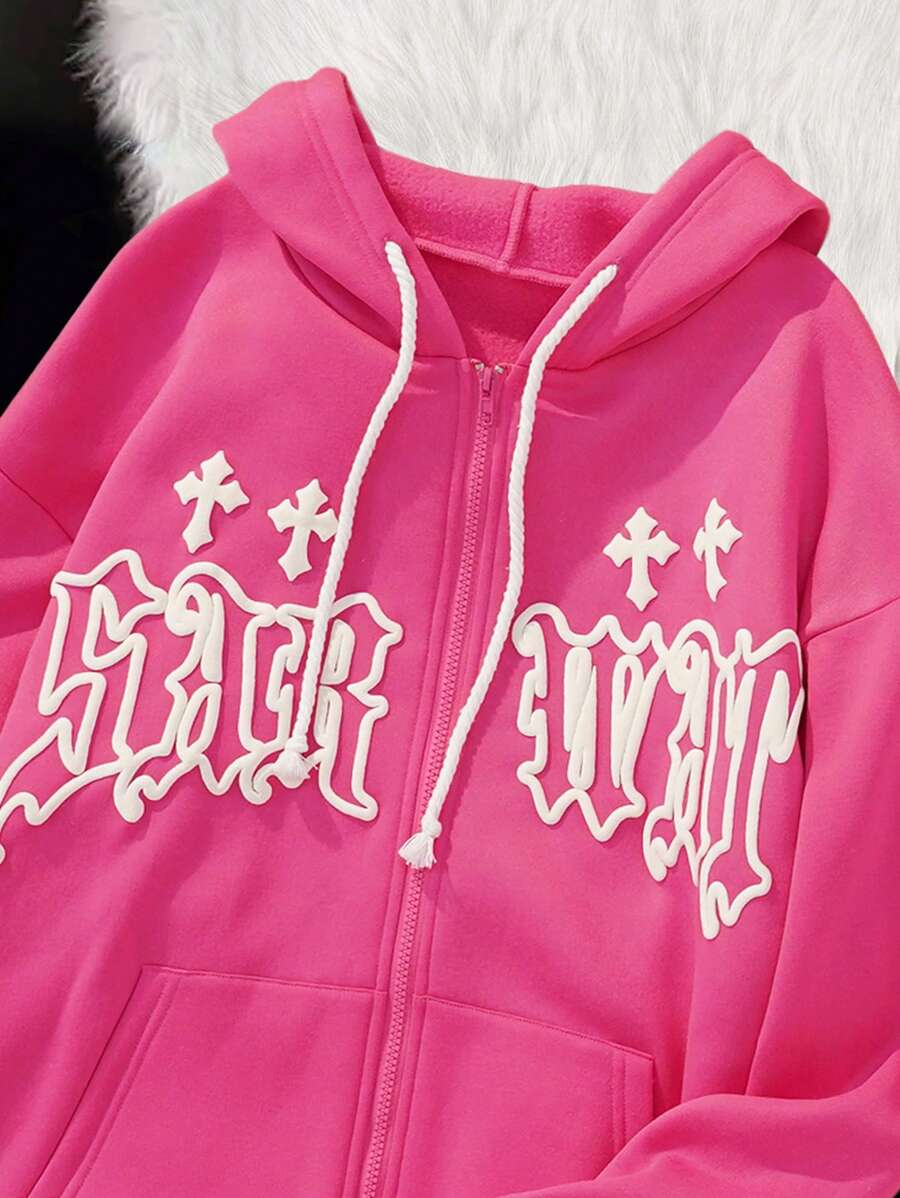 INAWLY Women's Hooded Drawstring Zipper Cross Print Casual Streetwear Sweatshirt, Fall Zipper Hoodie Graduation,Back To School Outfits,Graduation,Teacher Outfits For Women,Back To School Pullover