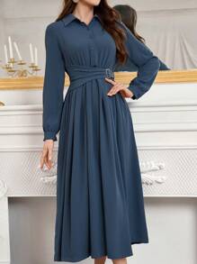 Modelyn Simple Button Front Belted Collar Long Sleeve Modest Dress Long Evening Dresses Fall Cloth For Women - Blue - View 4