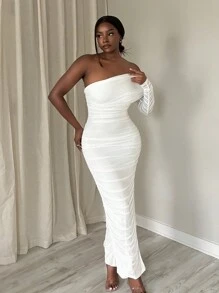 Slaydiva Elegant Party/Date Ruffled Open Shoulder Mesh Bodycon Dress For Women - EE - White - View 3