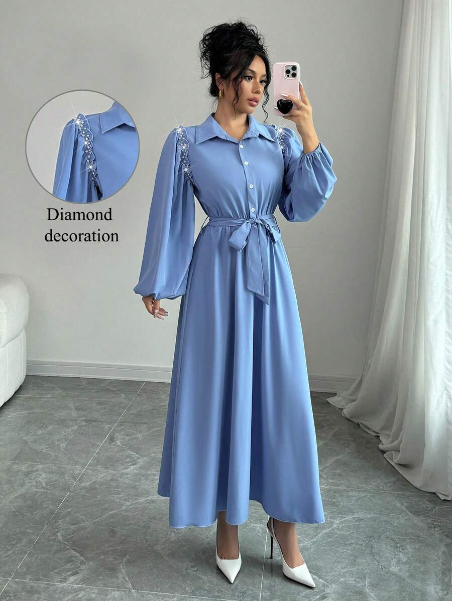 Rafferiza Vestido estilo francés de manga farol con cuello de camisa, con volantes y adorno de strass, vestido largo para mujer - Azul - Ver 1