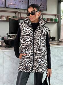 EURMUSE LEOPARD PRINT ZIP UP ELASTICAL WAIST SLEEVELESS Padded Coat - White - View 7