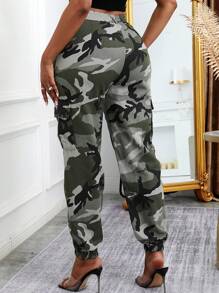 High Waist Camouflage Cargo Pants For Women, American Vintage Loose Fit Drawstring Waist Pockets Casual Trousers, Spring/Autumn Elegant - Army Green - View 3