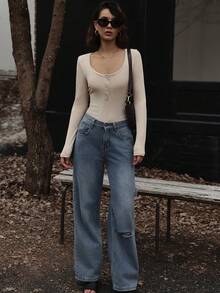 SHEIN EZwear Của phụ nữ Vạt váy một nửa dây nút Tay áo dài Áo liền quần chặt - Màu be - Xem 8