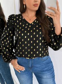 SHEIN Frenchy Blusa oversize in stile casual con maniche a lanterna, fantasia a pois e arricciature, in colore oro, adatta per l'autunno - nero - Visualizzare 2