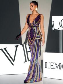 Plunge Neck Backless Sequin Formal Gown - Multicolor - View 5