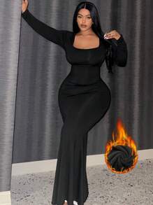 Slaydiva Vestido largo negro para mujer con bajo de cola de pez, elegante y para fiestas y uso casual, hecho de tela gruesa, talla grande, primavera otoño