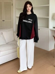 DAZY Sudadera con estampado de letras y bloques de color para mujer, otoño/invierno