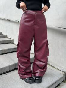 Flirla Plus Size Casual Solid Color Streetwear Multi-Pocket Straight Leg Cargo Pants