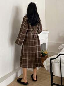 DAZY Bata de casa casual a cuadros, para otoño/invierno, para pijama de otoño, atuendo acogedor - Café integral - Ver 2