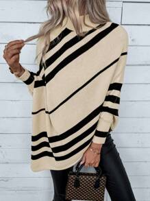 Chiquease Women Half-Turtleneck Oblique Striped Batwing Sweater Knit Pullover Fall Winter Outfit