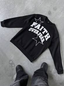 Manfinity EMRG Men Casual Letter & Star Print Contrast Side Drop Shoulder Loose Fit Sweatshirt, Spring & Autumn Going Out Crew Neck Long Sleeve Graphic Casual Color Block Sweatshirt, For Friends, Husband, Boyfriend Gifts