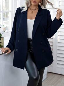 Calvaya Áo khoác Blazer màu trơn thời trang công sở cỡ lớn tay dài cài nút cổ tay kép cài nút - Màu xanh hải quân - Xem 1