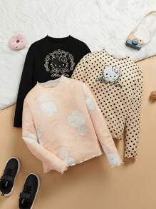 HELLO KITTY AND FRIENDS | SHEIN Tween Girl 3 件装卡通猫咪印花百搭休闲可爱甜美长袖生菜边 T 恤