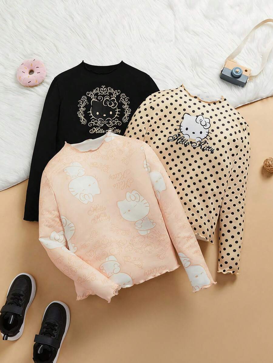 HELLO KITTY AND FRIENDS | SHEIN Tween Girl 3 件装卡通猫咪印花百搭休闲可爱甜美长袖生菜边 T 恤