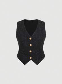 SHEIN MOD Plus Size Vintage Style Casual Button-Front Sleeveless Blazer Vest & Pleated Mini Skirt 2Pcs Set, For Winter