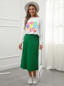 Wildy 2pcs Women Print Sweatshirt & Fitted Green Midi Skirt Set