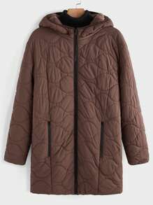 Manfinity Homme Men's Casual Solid Color Zip-Up Hooded Quilted Padded Coat - Coffee Brown - View 1