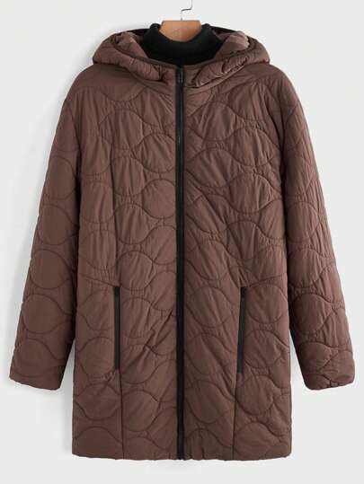 Manfinity Homme Men's Casual Solid Color Zip-Up Hooded Quilted Padded Coat