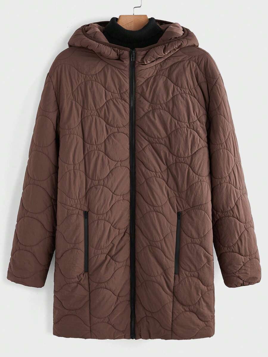 Manfinity Homme Men's Casual Solid Color Zip-Up Hooded Quilted Padded Coat - Coffee Brown - View 1