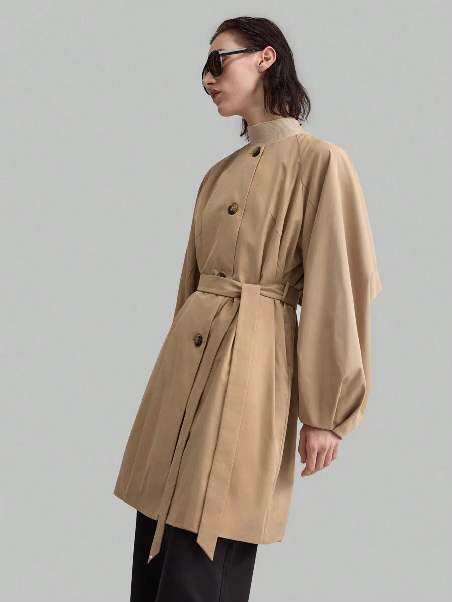 Ontre 女式卡其色圆领长袖风衣，秋冬季开衩袖休闲外套 - 卡其色 - 查看 1