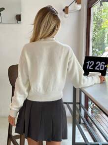 Women Solid Color Hairy Yarn Flower Accessory Detailed Pullover - White - View 3