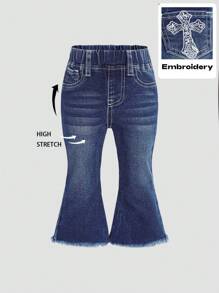SHEIN Baby Girl Vintage Blue Denim Flare Leg Pants With Cross Embroidery Detail